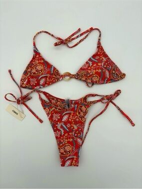 Red Paisley String Bikini with Gold Ring Detail NWT